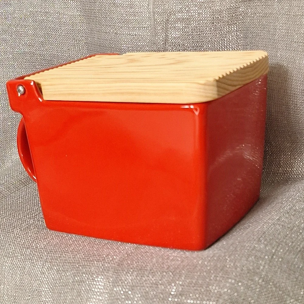 Zero Japan Red Ceramic Salt Box Cellar Wood Hinoki Lid Handle Kitchen Canister